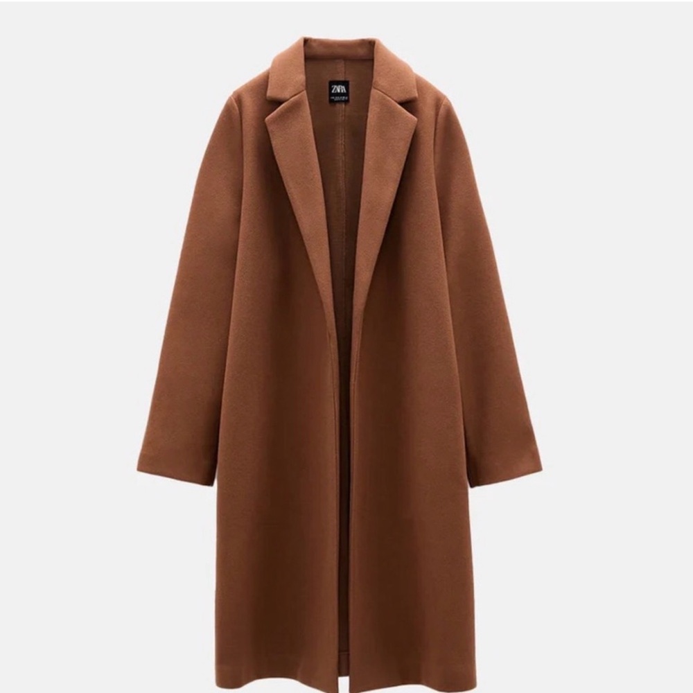 Zara Camel Brown Long Open-Front Trench Coat